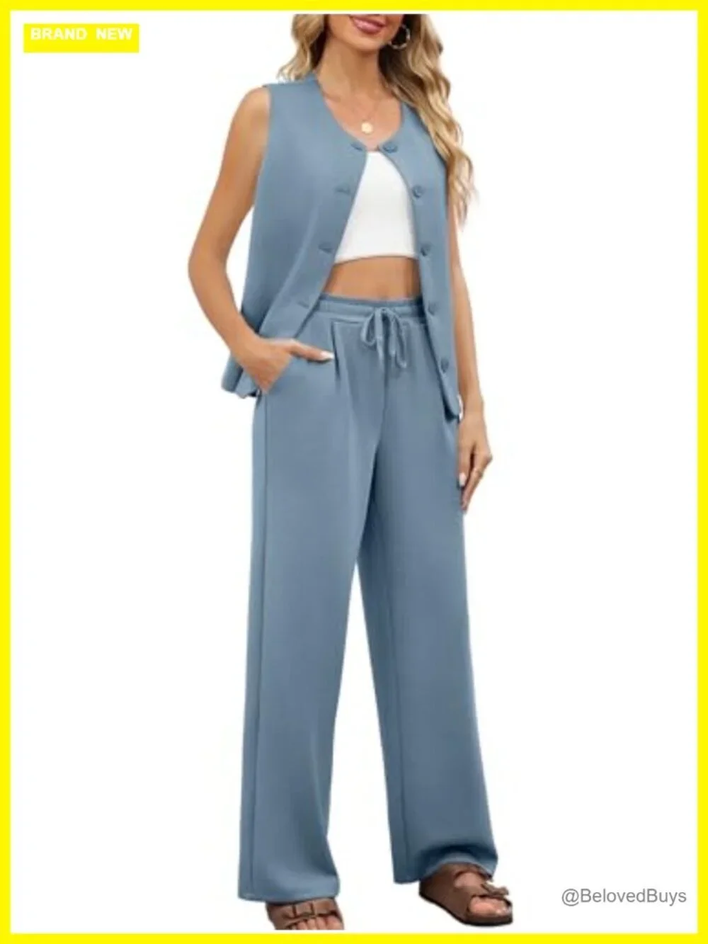 2 Piece Outfit Vest and Wide Leg Pants Set Dressy Casual Work Matching Set